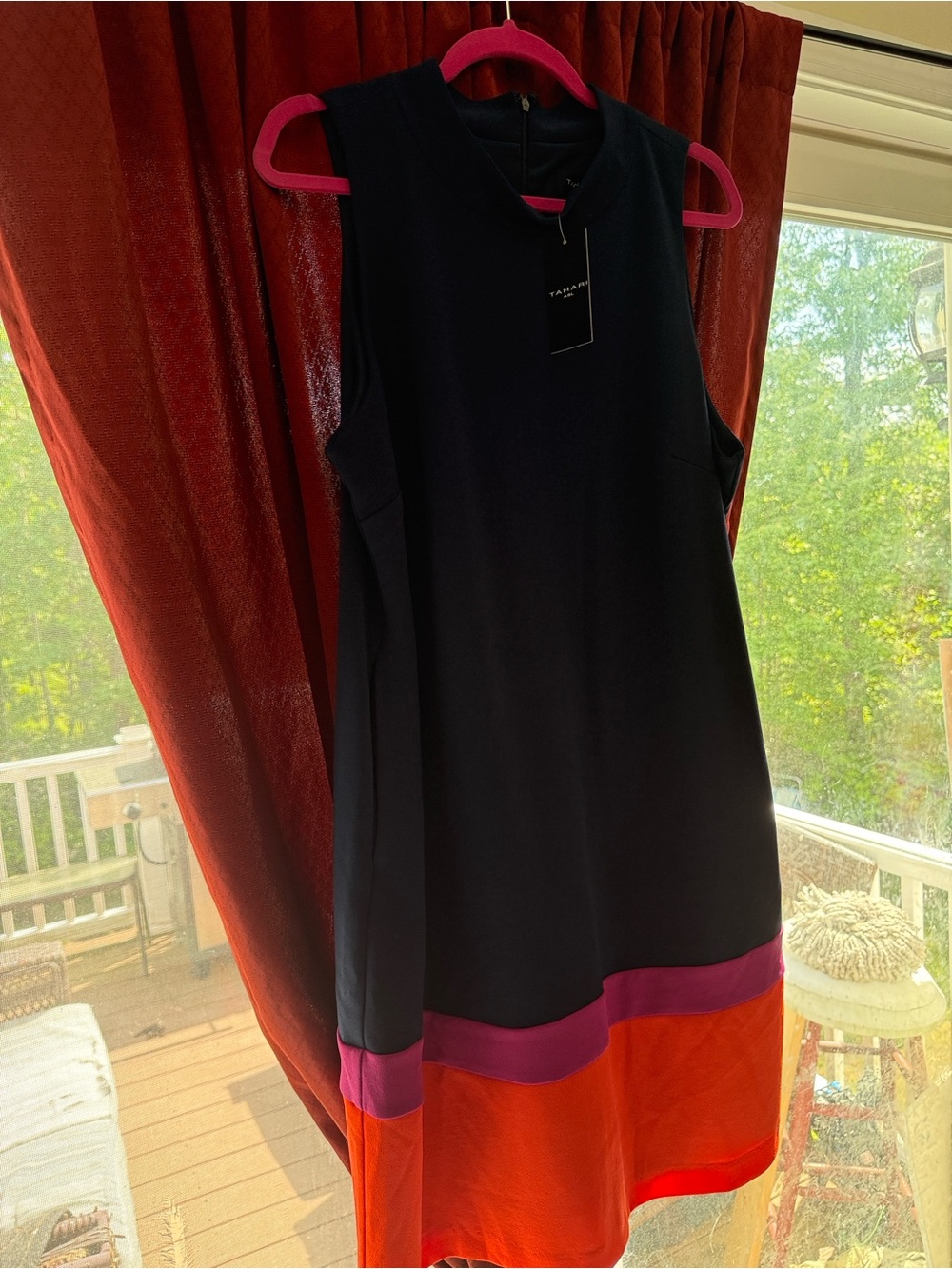 Tahari Black Sleeveless Shift Tunic with Pink & Orange Hem